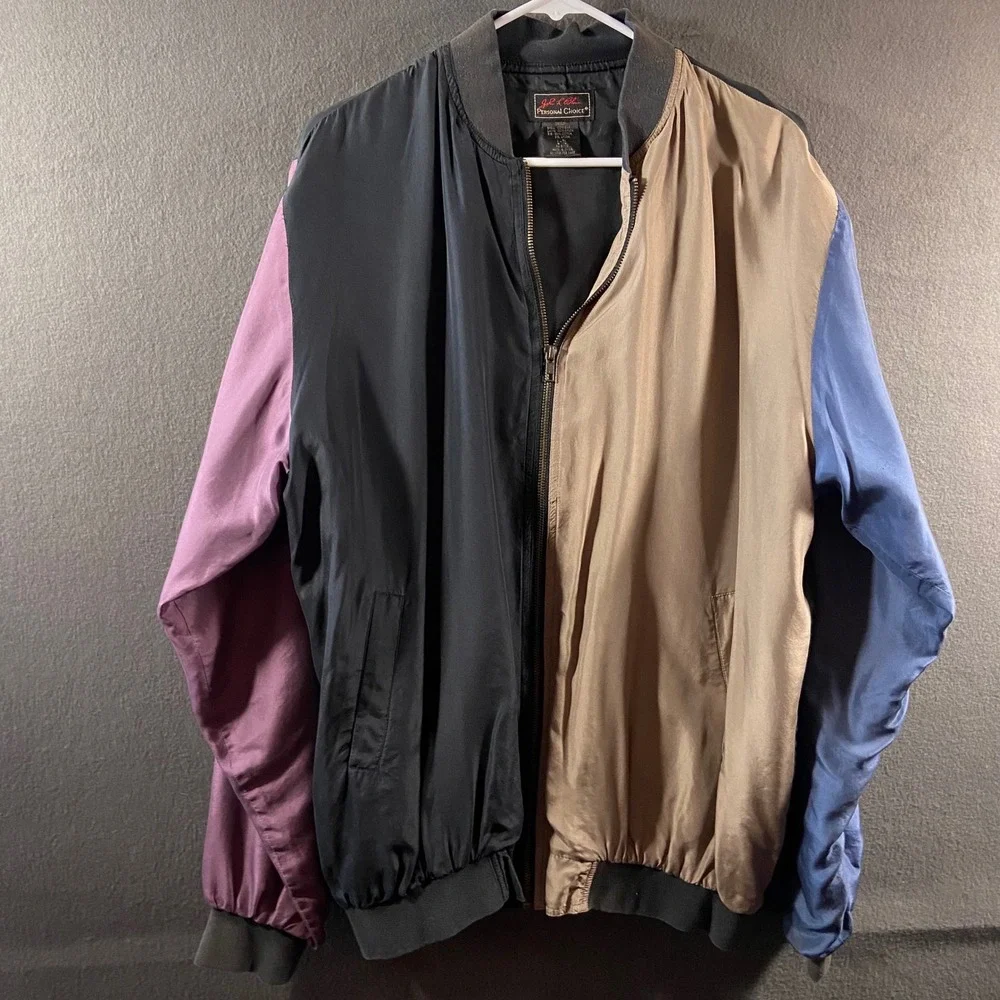vtg 80s men silk Bomber Jacket large black Colorblock tracksuit retro 90s